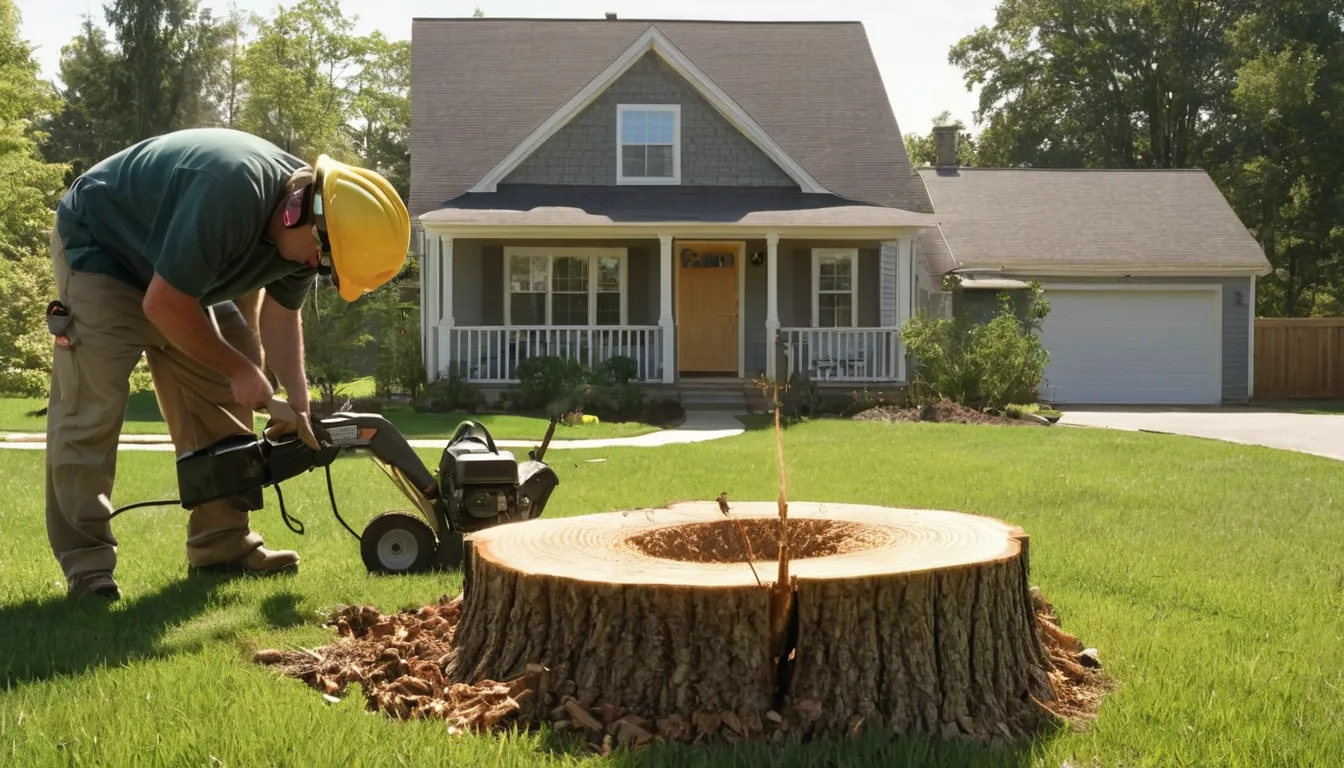 Provider grinding a tree stump in a Louisville/Jefferson County metro government backyard with wood chips on the lawn